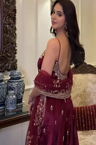  maroon anarkali suit set zari sequins 3 piece gown outfit