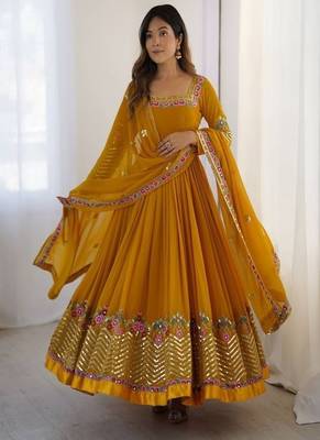 mustard georgette anarkali gown with sequins embroidery 1