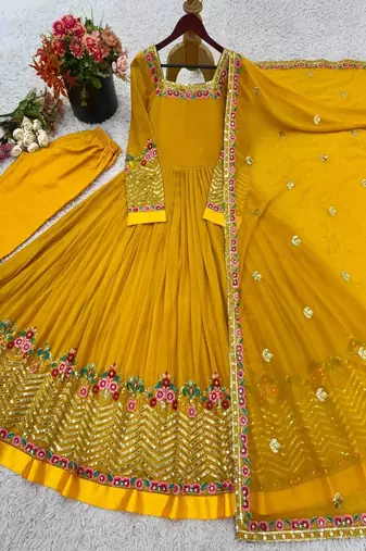 mustard georgette anarkali gown with sequins embroidery