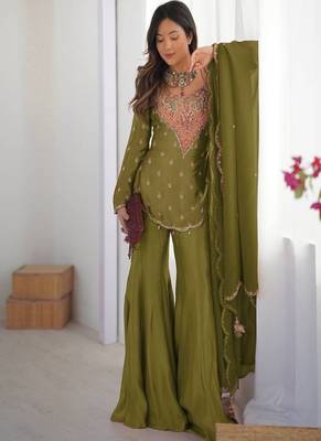 Olive green simar silk palazzo suit with embroidery and dupatta 1