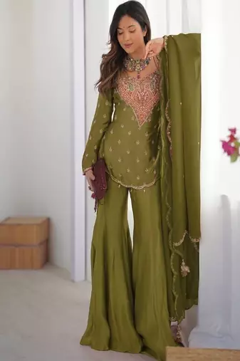 Olive green simar silk palazzo suit with embroidery and dupatta