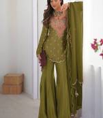 Olive green simar silk palazzo suit with embroidery and dupatta