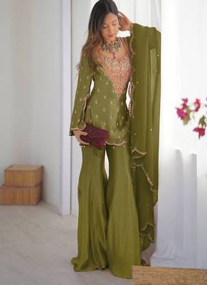 Olive green simar silk palazzo suit with embroidery and dupatta 2
