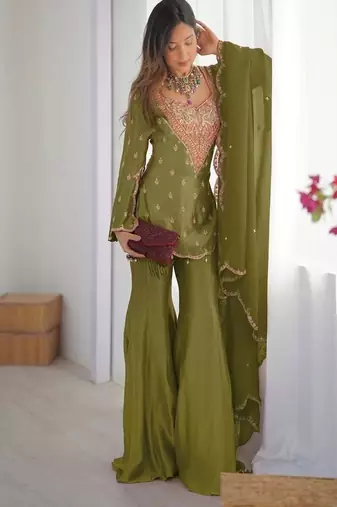 Olive green simar silk palazzo suit with embroidery and dupatta