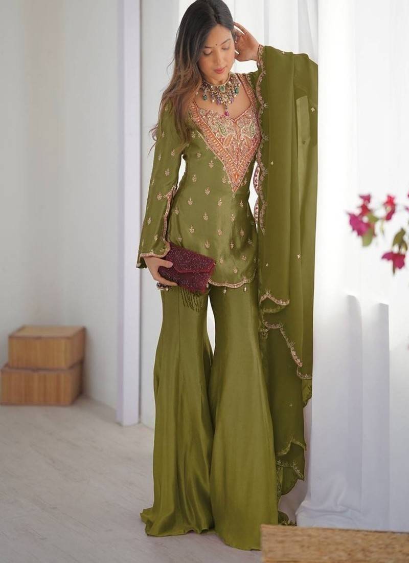 Olive green simar silk palazzo suit with embroidery and dupatta