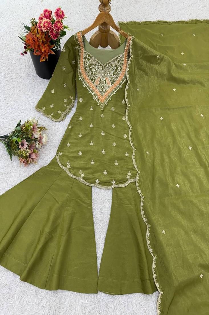 Olive green simar silk palazzo suit with embroidery and dupatta