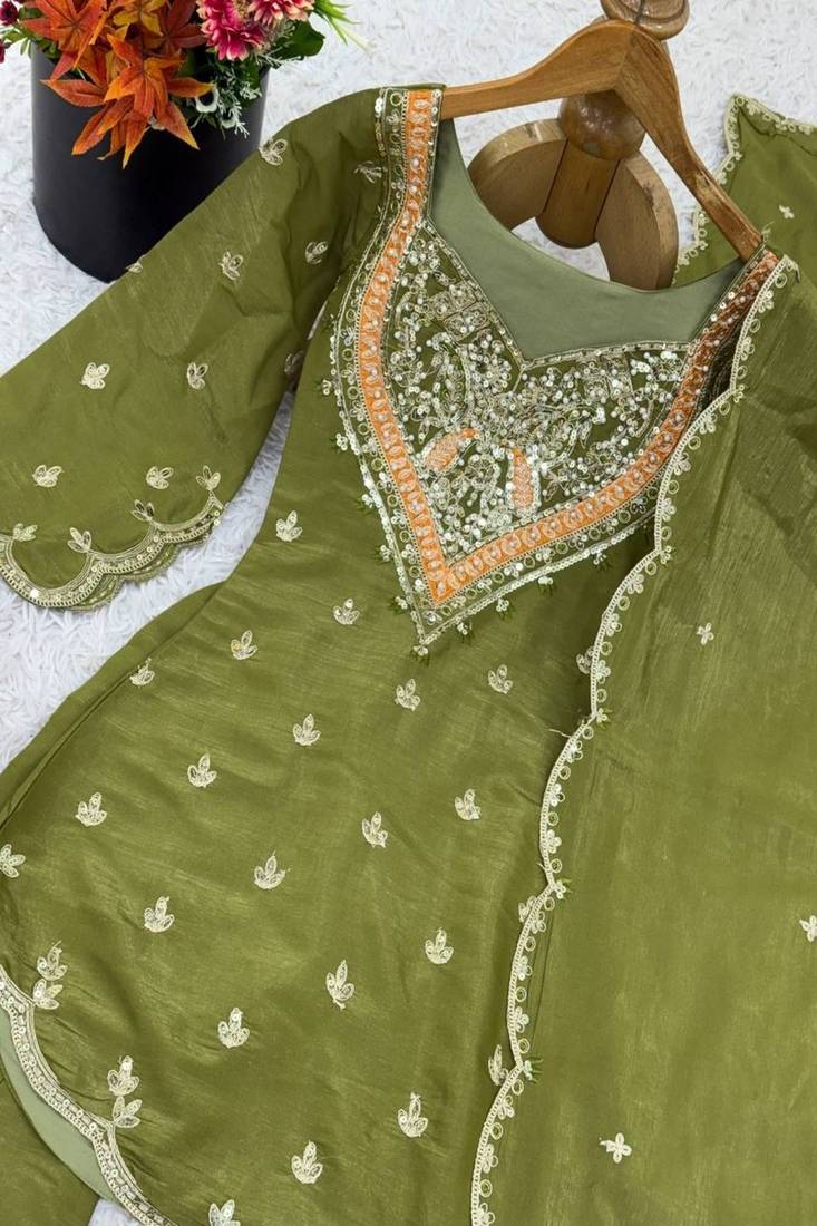 Olive green simar silk palazzo suit with embroidery and dupatta