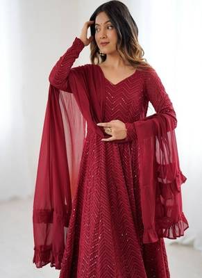 Maroon fox georgette heavy lucknowi anarkali gown with dupatta 1