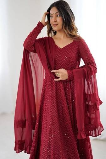 Maroon fox georgette heavy lucknowi anarkali gown with dupatta