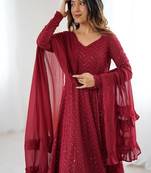 Maroon fox georgette heavy lucknowi anarkali gown with dupatta