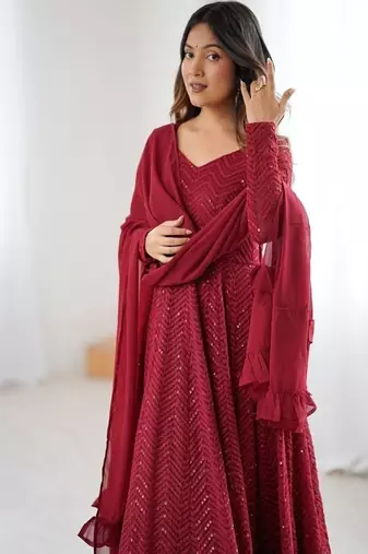 Maroon fox georgette heavy lucknowi anarkali gown with dupatta