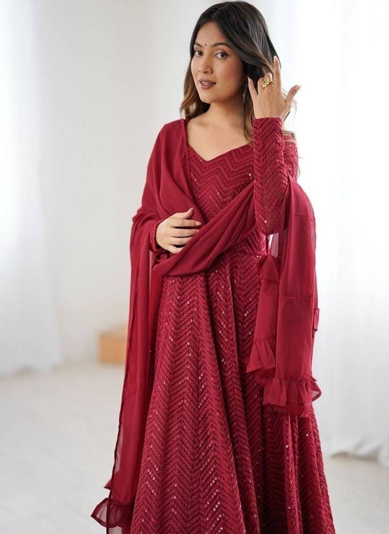 Maroon fox georgette heavy lucknowi anarkali gown with dupatta