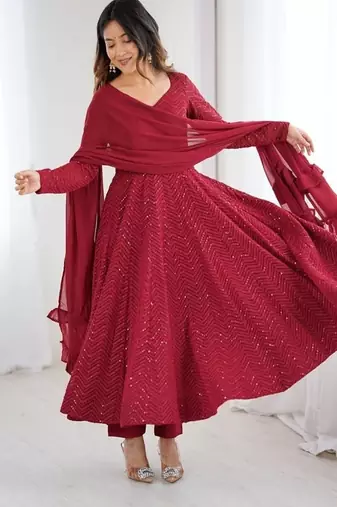 Maroon fox georgette heavy lucknowi anarkali gown with dupatta