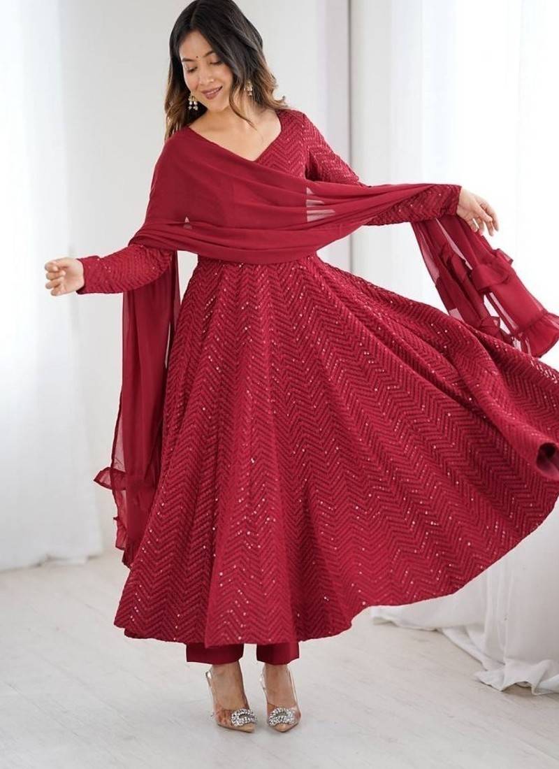 Maroon fox georgette heavy lucknowi anarkali gown with dupatta