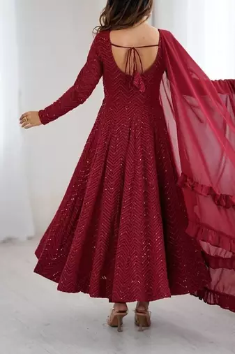 Maroon fox georgette heavy lucknowi anarkali gown with dupatta