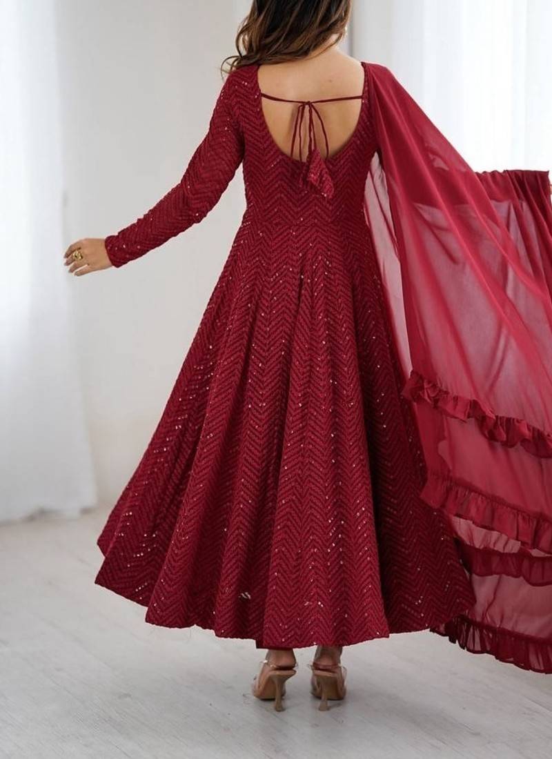 Maroon fox georgette heavy lucknowi anarkali gown with dupatta