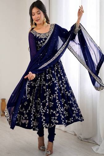 blue elegant faux georgette embroidery gown with churidar