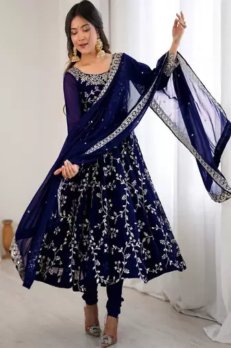 blue elegant faux georgette embroidery gown with churidar