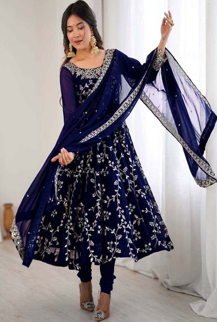 blue elegant faux georgette embroidery gown with churidar