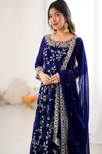 blue elegant faux georgette embroidery gown with churidar