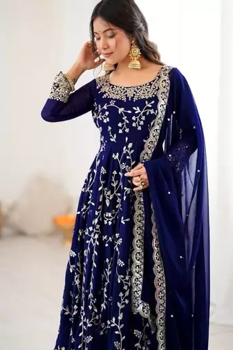 blue elegant faux georgette embroidery gown with churidar