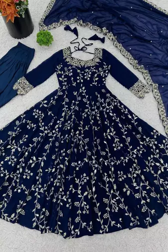 blue elegant faux georgette embroidery gown with churidar