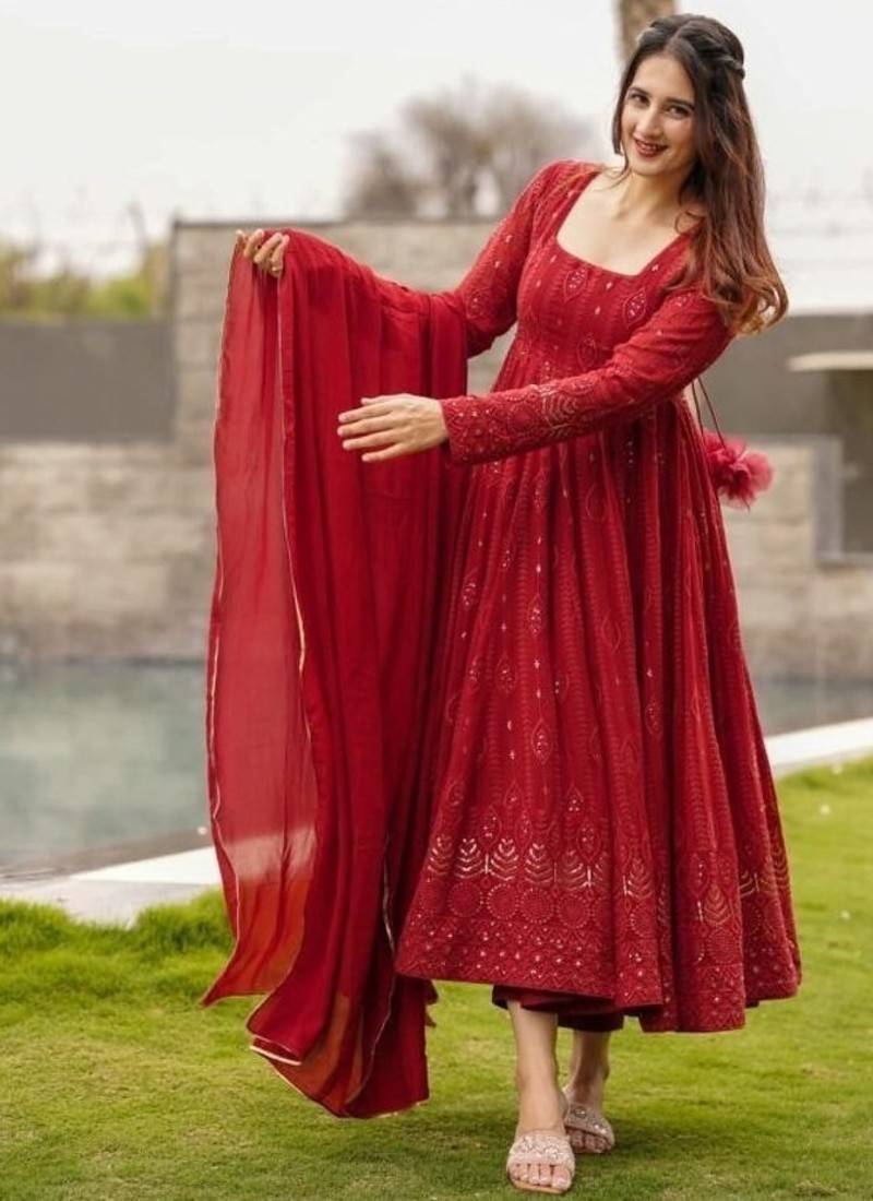  georgette anarkali with sequence thread work