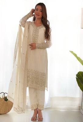 Designer chinon silk embroidered kurta set 1