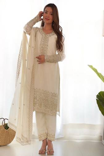 Designer chinon silk embroidered kurta set