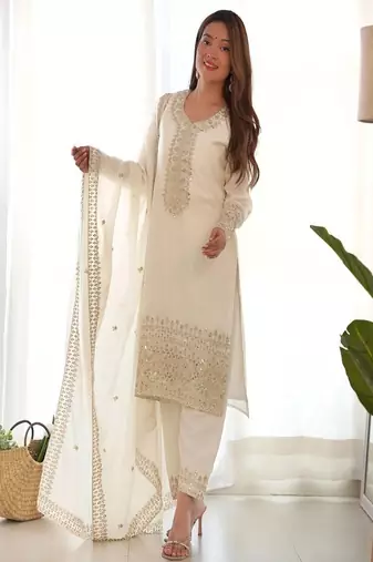 Designer chinon silk embroidered kurta set