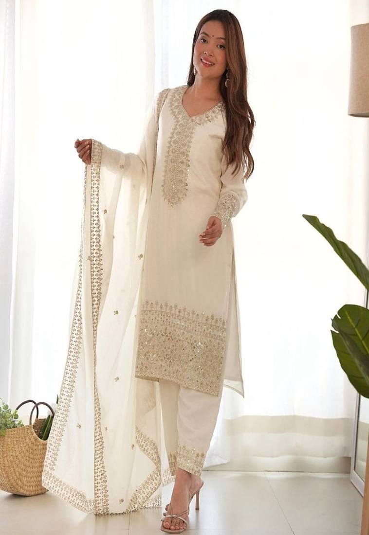 Designer chinon silk embroidered kurta set