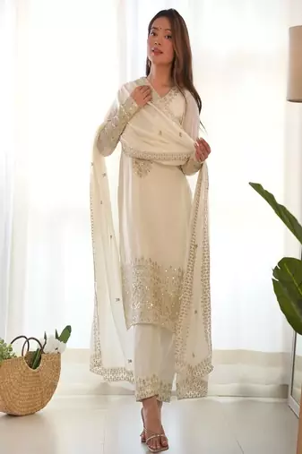 Designer chinon silk embroidered kurta set