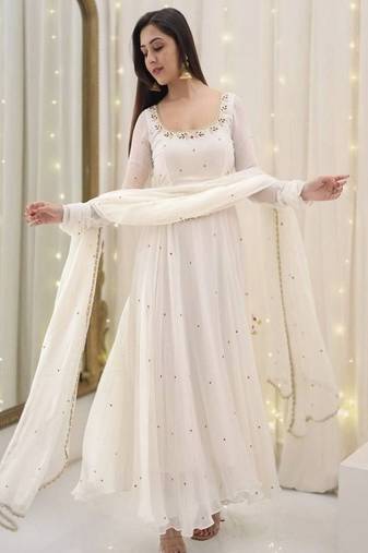 Anarkali style white georgette gown with sequence embroidery & dupatta for women
