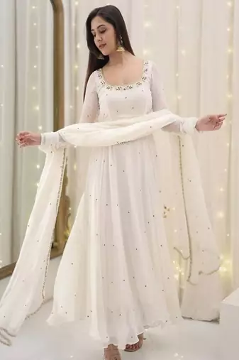 Anarkali style white georgette gown with sequence embroidery & dupatta for women