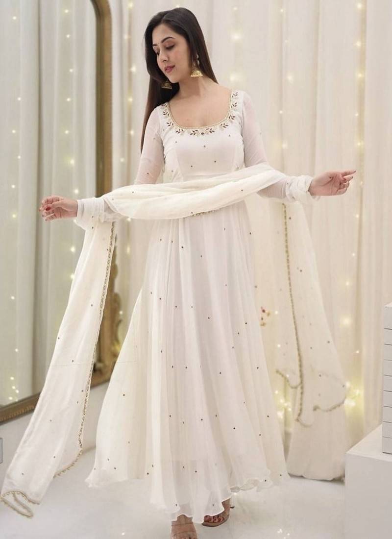 Anarkali style white georgette gown with sequence embroidery & dupatta for women