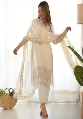Designer chinon silk embroidered kurta set 4