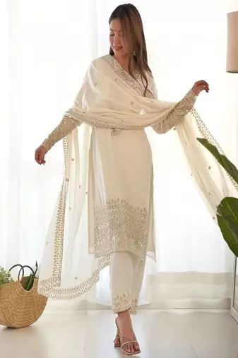 Designer chinon silk embroidered kurta set
