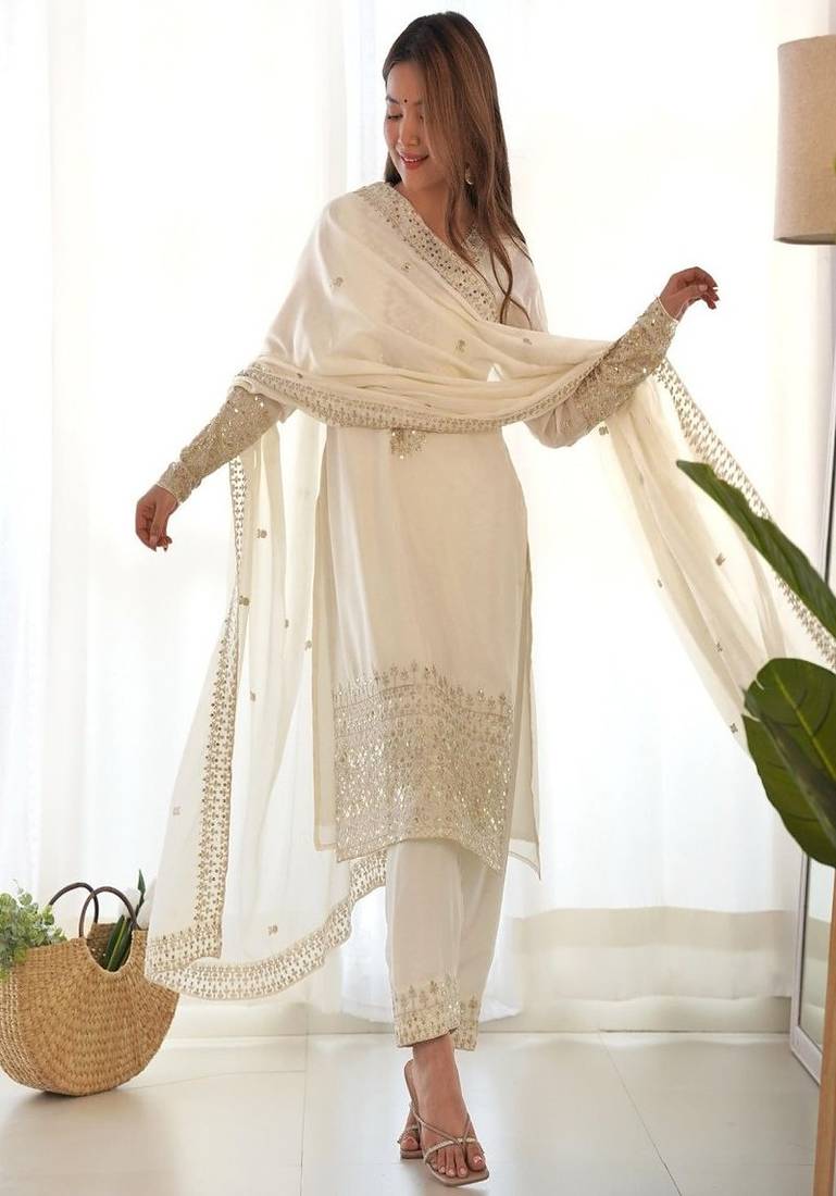 Designer chinon silk embroidered kurta set