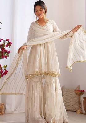 White mal chanderi sharara set designer mirror work outfit 1