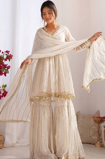White mal chanderi sharara set designer mirror work outfit