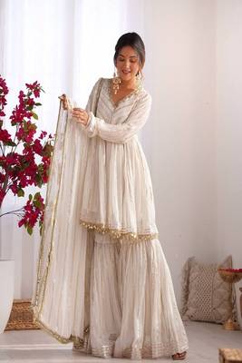 White mal chanderi sharara set designer mirror work outfit 2