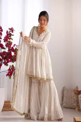 White mal chanderi sharara set designer mirror work outfit