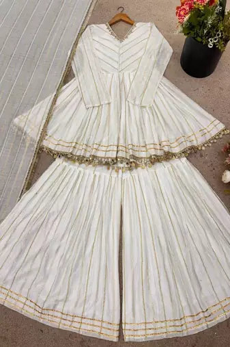 White mal chanderi sharara set designer mirror work outfit
