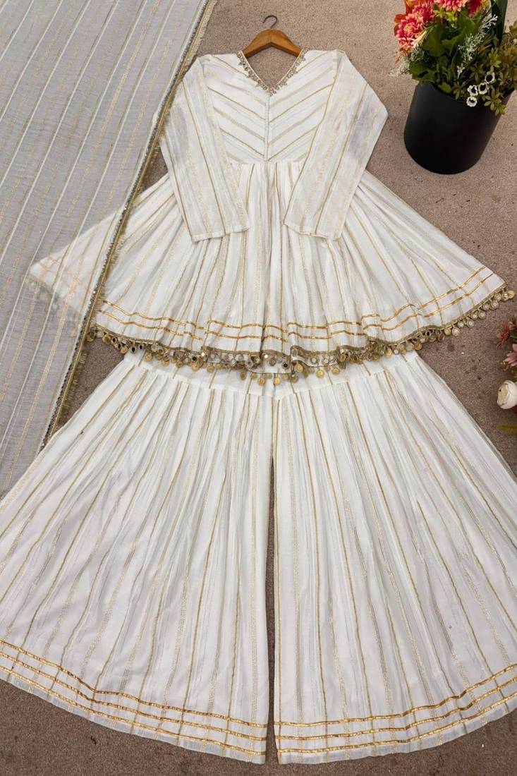 White mal chanderi sharara set designer mirror work outfit