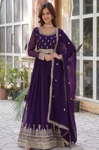 Stunning full sleeves round neck gown with lace border dupatta