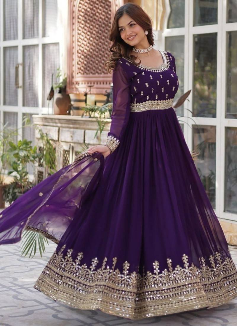 Stunning full sleeves round neck gown with lace border dupatta