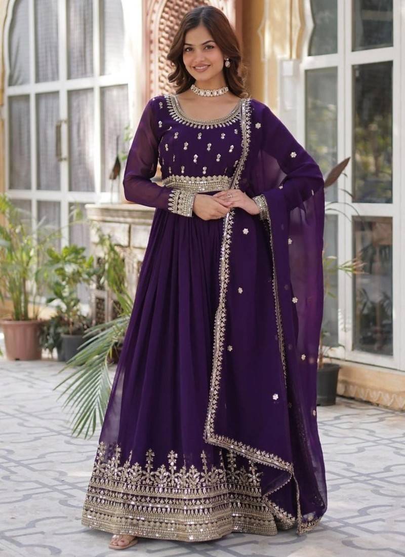 Stunning full sleeves round neck gown with lace border dupatta