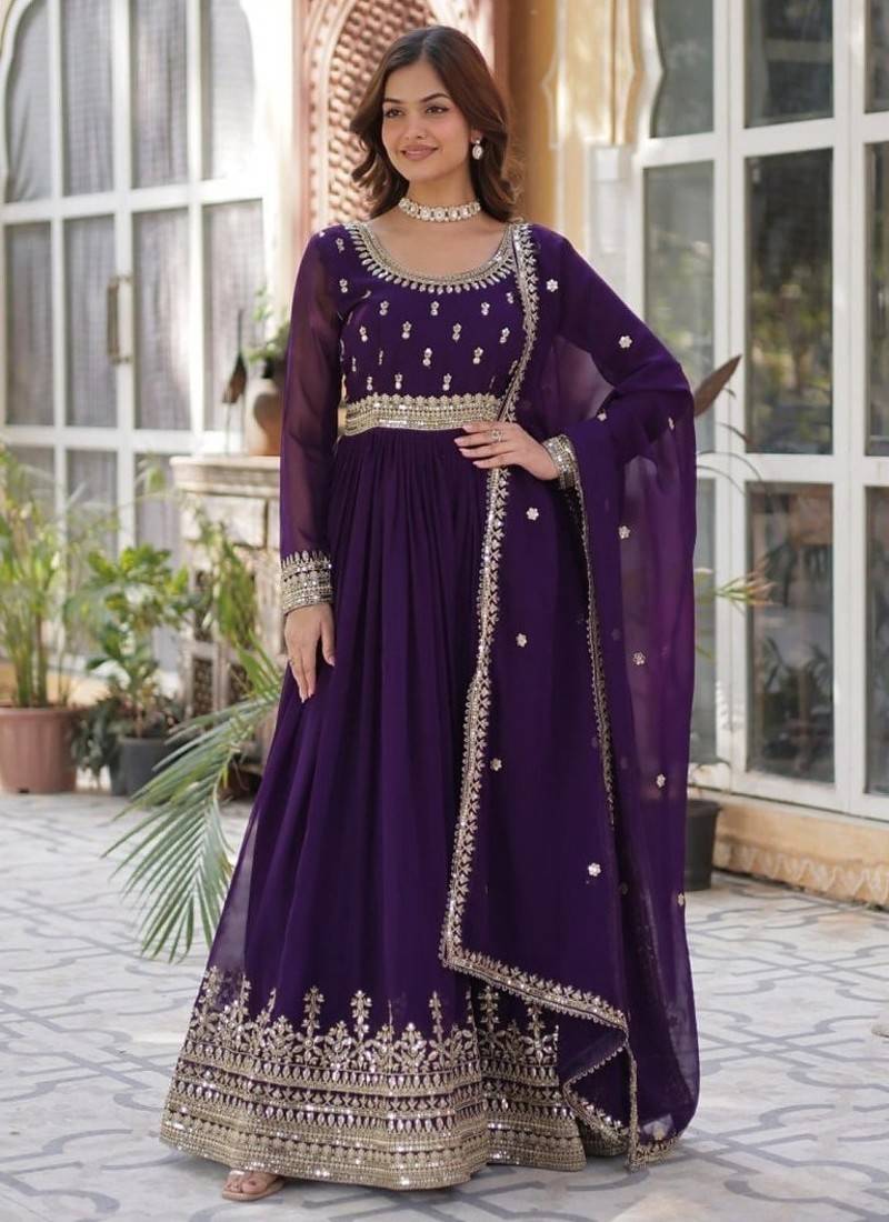 Stunning full sleeves round neck gown with lace border dupatta