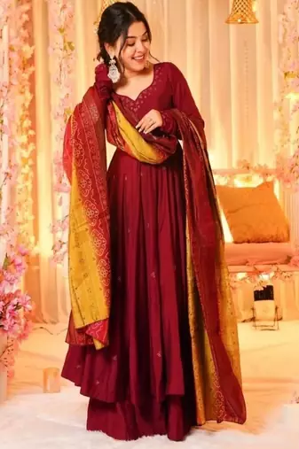 chinnon silk gown with flair  and digital print dupatta