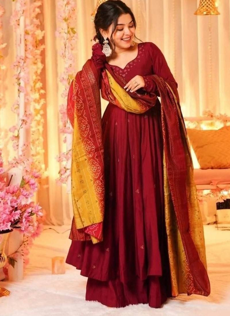 chinnon silk gown with flair  and digital print dupatta